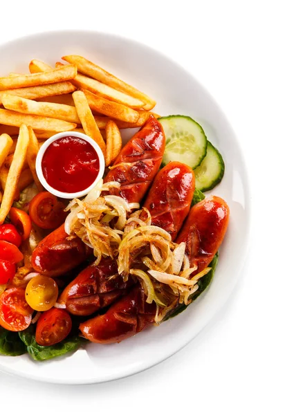 Top View Roasted Sausages French Fries Fresh Vegetables White Plate — Stock Photo, Image