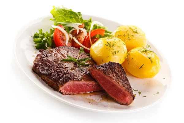 Rare Grilled Beef Steak Boiled Potatoes Vegetable Salad Served White — Stock Photo, Image