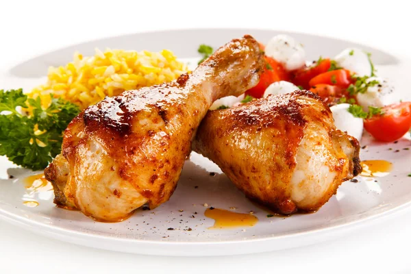 Detail View Two Baked Chicken Legs Garnished Rice Cherry Tomatoes — Stock Photo, Image