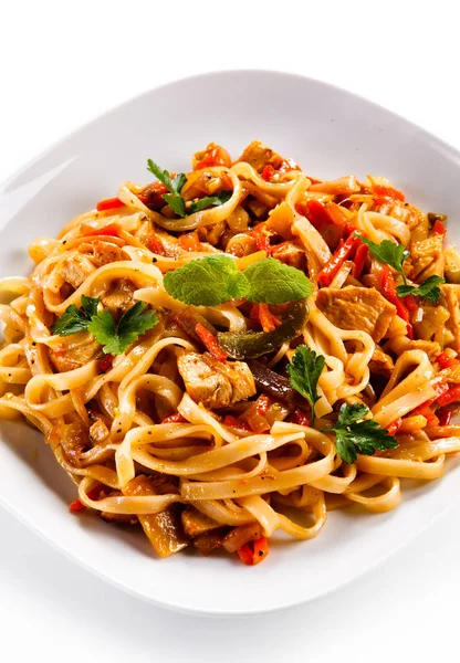 Detail View Pasta Pork Meat Sweet Peppers Mint Leaves White — Stock Photo, Image