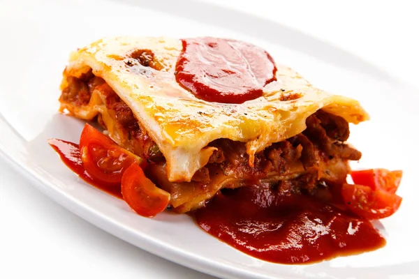 Detailoverzicht Van Lasagne Met Tomatensaus — Stockfoto
