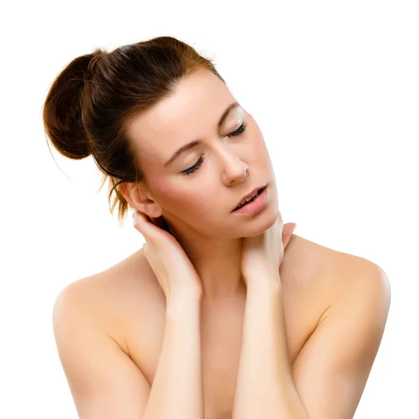 Portrait Young Woman Feeling Pain Neck Isolated White Background — Stock Photo, Image