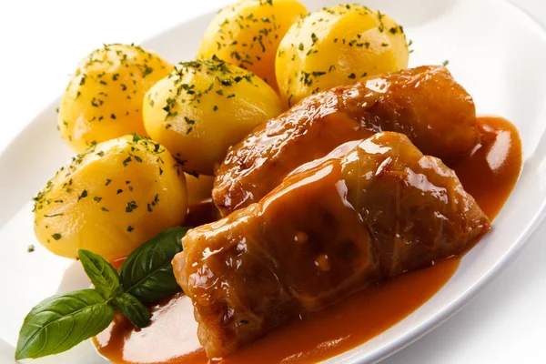 Detail View Cabbage Rolls Served Plate Boiled Potatoes Tomato Sauce — Stock Photo, Image