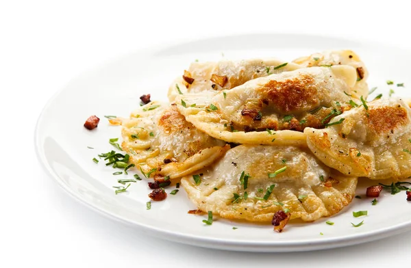 Detail View Fried Varenyky Bacon Onion White Plate — Stock Photo, Image