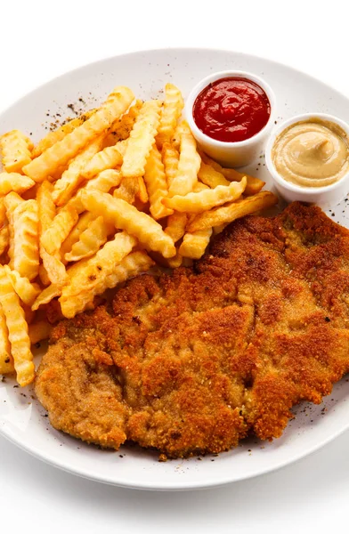 Vista Superior Schnitzel Gigante Empanado Com Batatas Fritas Onduladas Molhos — Fotografia de Stock