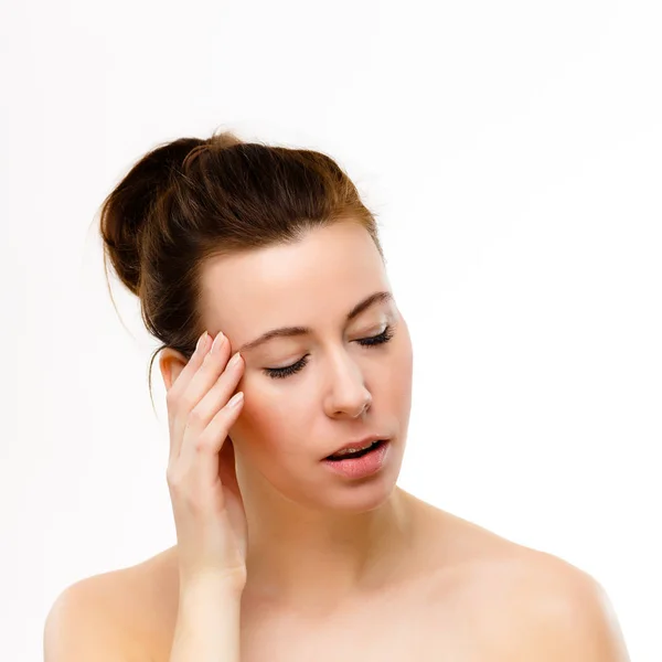 Portrait Young Woman Feeling Headache Isolated White Background — Stock Photo, Image