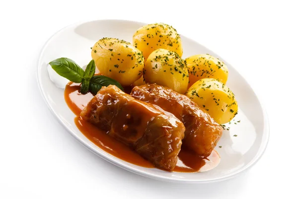 Cabbage Rolls Served Plate Boiled Potatoes Tomato Sauce Isolated White — Stock Photo, Image