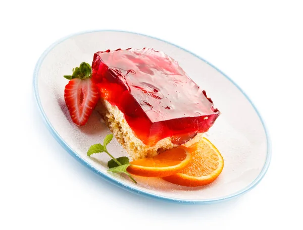 Piece Cake Jelly Strawberry Orange Slices White Plate Blue Edge Royalty Free Stock Photos
