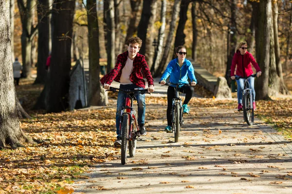 Familjen Ridning Cyklar Tillsammans Höstlig Park Sport Och Fritid Konceptet — Stockfoto