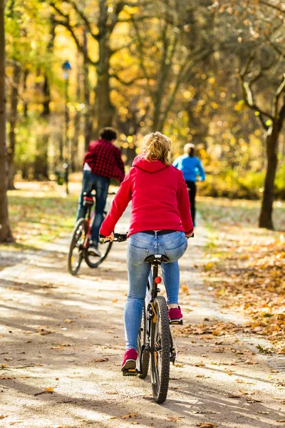 Bakifrån Familjen Ridning Cyklar Tillsammans Höstlig Park Sport Och Fritid — Stockfoto