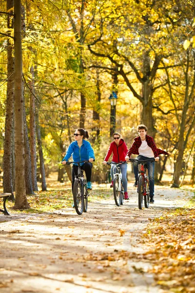 秋の公園で一緒に自転車に乗って家族 スポーツとレジャーの概念 — ストック写真