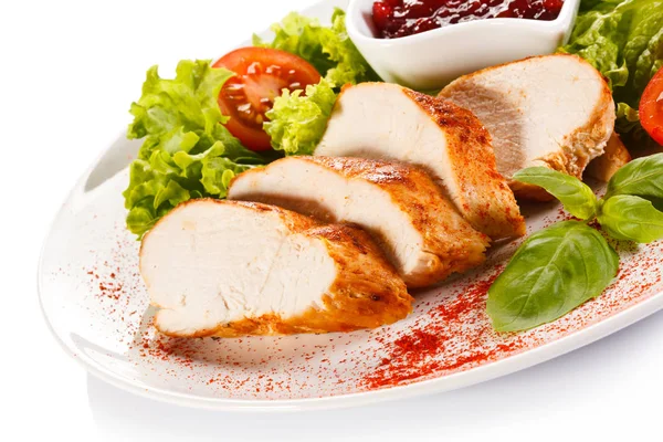 Baked Chicken Fillet Fresh Vegetables Jam White Plate — Stock Photo, Image