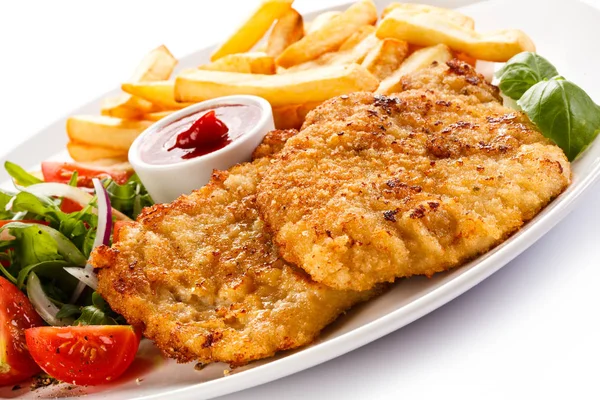 Detail View Breaded Schnitzels French Fries Fresh Salad White Plate — Stock Photo, Image