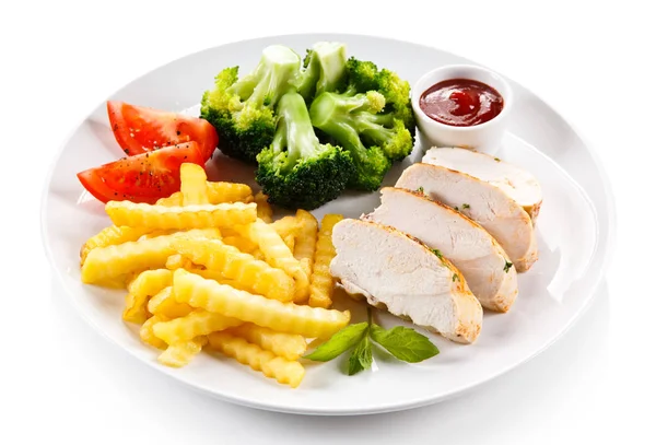Sliced Chicken Fillet Vegetables Wavy French Fries White Plate — Stock Photo, Image