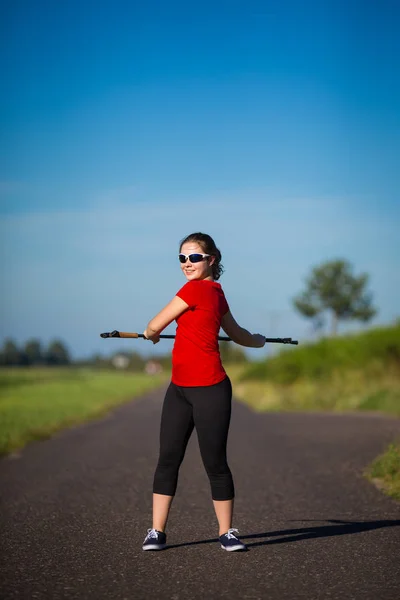 Young Woman Sportswear Doing Exercises Using Tourist Sticks — Stock Photo, Image