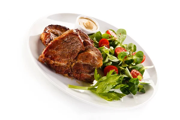 Roasted Pork Slices Fresh Salad Mustard White Plate — Stock Photo, Image