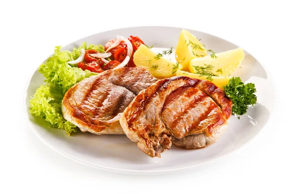 Grilled Pork Steaks Fresh Salad Boiled Potato Pieces White Plate — Stock Photo, Image