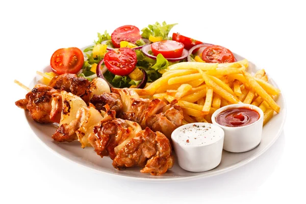 Grilled Pork Skewers French Fries Vegetable Salad Sauces White Plate — Stock Photo, Image