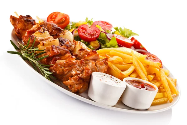 Grilled Pork Skewers French Fries Vegetable Salad Sauces White Plate — Stock Photo, Image