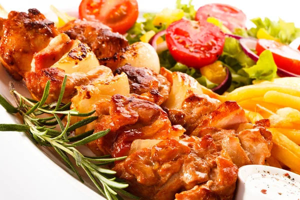Close View Grilled Pork Skewers French Fries Vegetable Salad Sauces — Stock Photo, Image