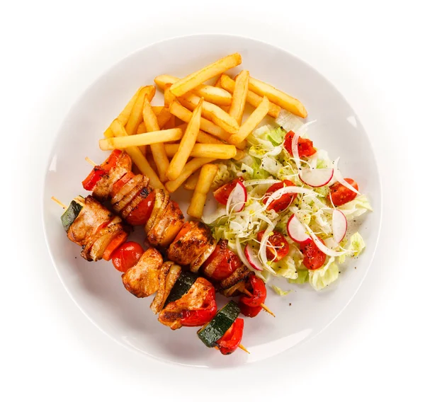 Top View Meat Vegetable Skewers French Fries Fresh Salad White — Stock Photo, Image
