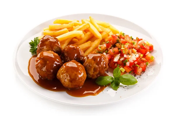 Delicious Meatballs Sauce French Fries Chopped Vegetables White Plate — Stock Photo, Image