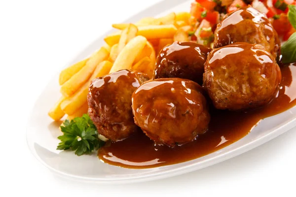 Detail View Meatballs Sauce French Fries Chopped Vegetables White Plate — Stock Photo, Image