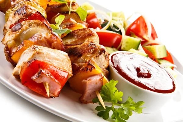 Close View Meat Vegetable Skewers Barbecue Sauce — Stock Photo, Image