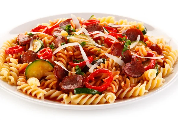 Detail View Spiral Macaroni Sausages Peppers Zucchinis Parmesan White Plate — Stock Photo, Image