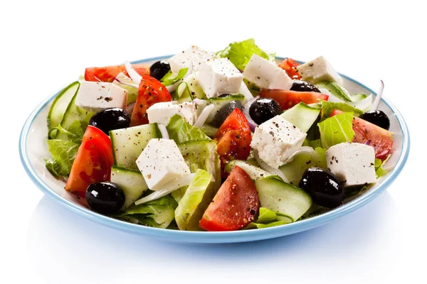 Greek Salad Blue Plate Isolated White Background — Stock Photo, Image