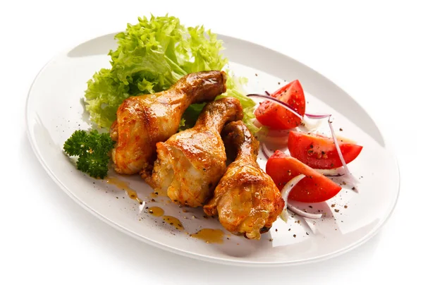 Three Roasted Chicken Legs Tomatoes Lettuce White Plate — Stock Photo, Image