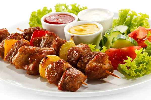 Pork Shashlik Sauces Vegetables White Platter — Stock Photo, Image