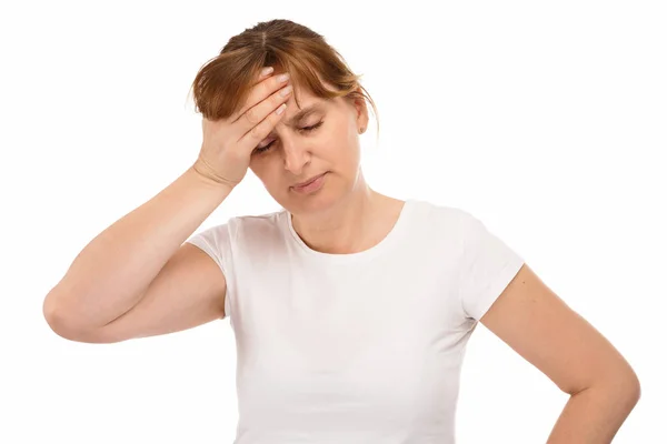 Woman Feeling Headache Isolated White Background — Stock Photo, Image