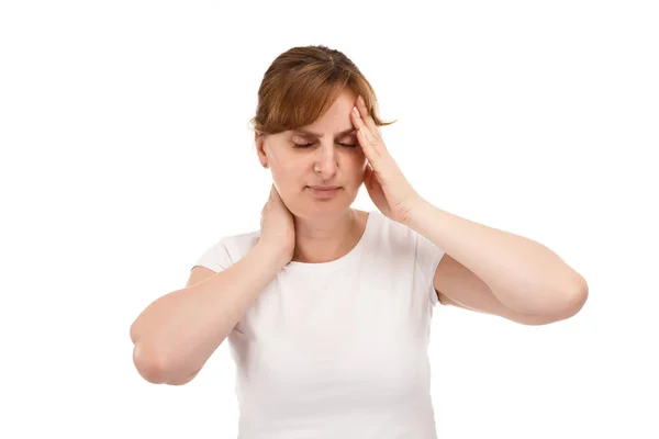 白い背景で隔離の女性感頭痛 — ストック写真