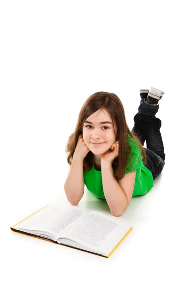 Girl Laying Reading Book Isolated White Background — Stock Photo, Image