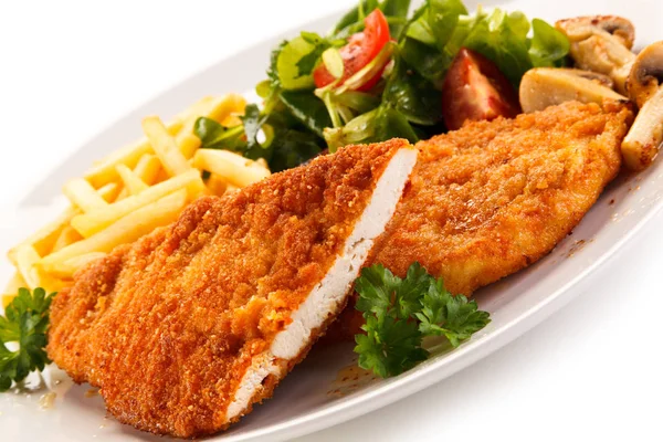 Detail View Chicken Schnitzel French Fries Vegetable Salad White Plate — Stock Photo, Image