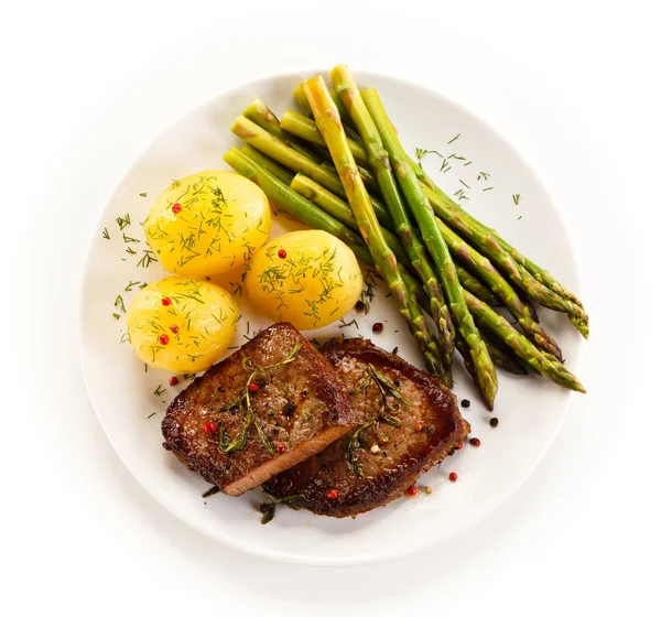 Top View Roasted Beef Boiled Potatoes Baked Asparagus — Stock Photo, Image