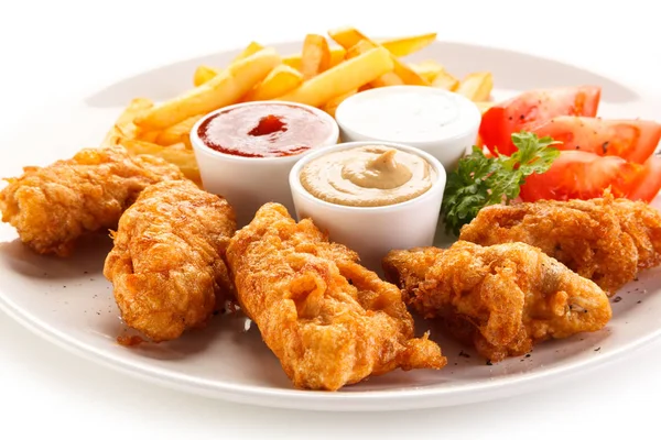 Detail View Deep Fried Chicken Wings French Fries Sauces White — Stock Photo, Image