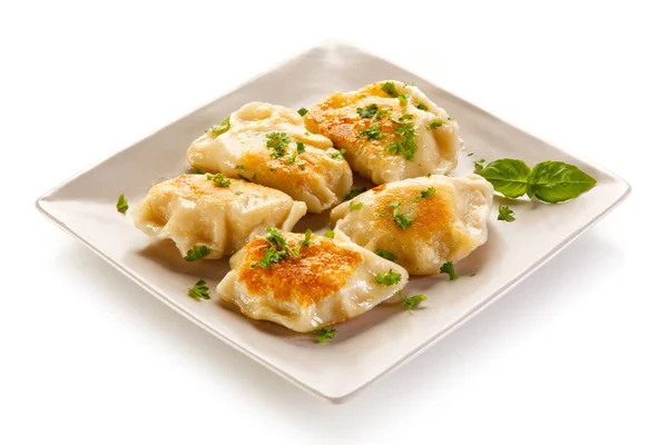 Fried Varenyky Chopped Parsley Served Square Plate Isolated White Background — Stock Photo, Image