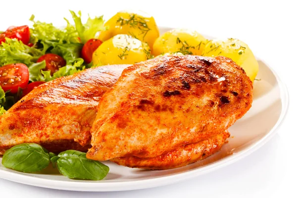 Detail View Spicy Baked Chicken Breasts Boiled Potatoes Fresh Salad — Stock Photo, Image