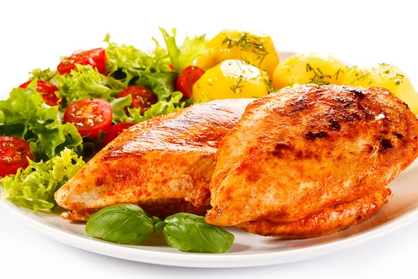 Cllose View Spicy Baked Chicken Breasts Boiled Potatoes Fresh Salad — Stock Photo, Image