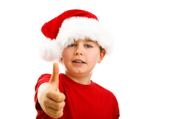 Grappige Jongen Kerstmuts Weergegeven Duim Omhoog Geïsoleerd Witte Achtergrond — Stockfoto