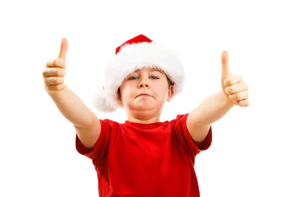 Kleine Jongen Kerstmuts Tonen Duimschroef Opwaarts Geïsoleerd Witte Achtergrond — Stockfoto