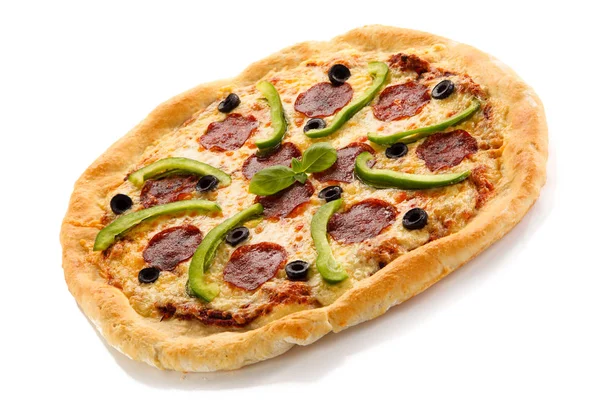 Pizza Pepperoni Peppers Olives Cheese — Stock Photo, Image