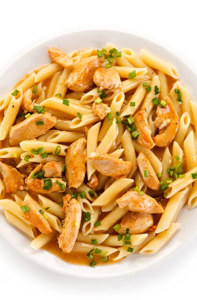 Macaroni Chicken Pieces Mushroom Sauce Green Onion — Stock Photo, Image