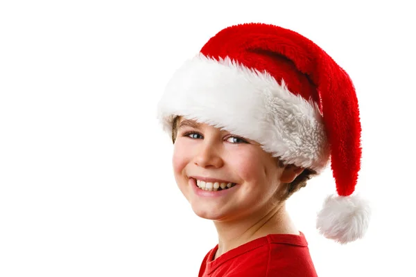 サンタ帽子は 白い背景で隔離を笑顔でかわいい男の子 — ストック写真
