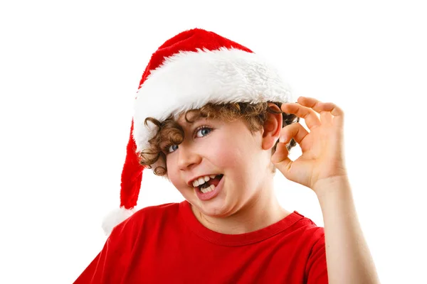 Grappige Jongen Kerstmuts Weergegeven Teken Geïsoleerd Witte Achtergrond — Stockfoto
