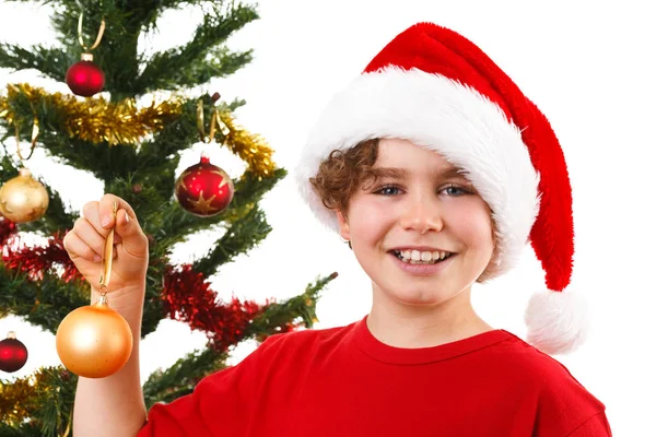 白い背景に分離されたモミの木でポーズ サンタ帽子の少年 — ストック写真