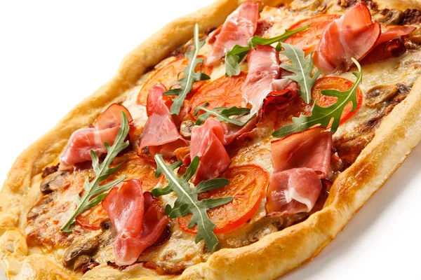 Detaljvy Pizza Med Tomat Ruccola Champinjoner Mozzarella Och Parmaskinka — Stockfoto