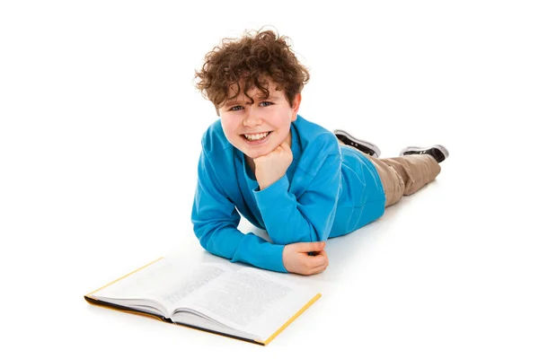 Boy Laying Reading Book Isolated White Background — Stock Photo, Image